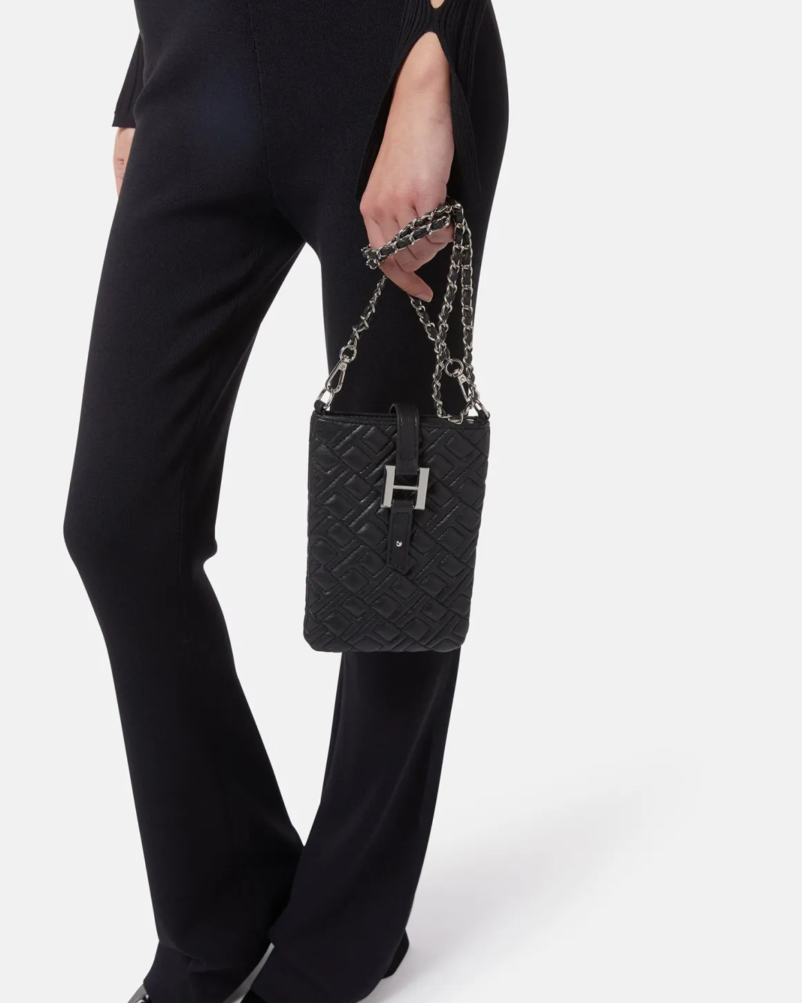 Black Quilted Mini Bag with Buckle and Chain Shoulder Strap