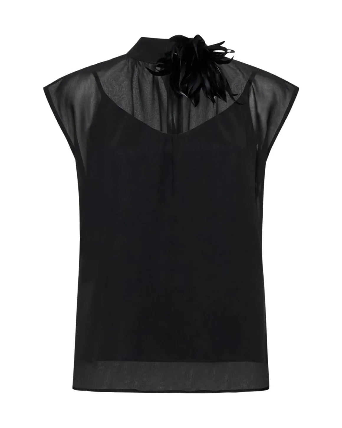 Black Top with Veiled Shoulders and Bow at the Neck