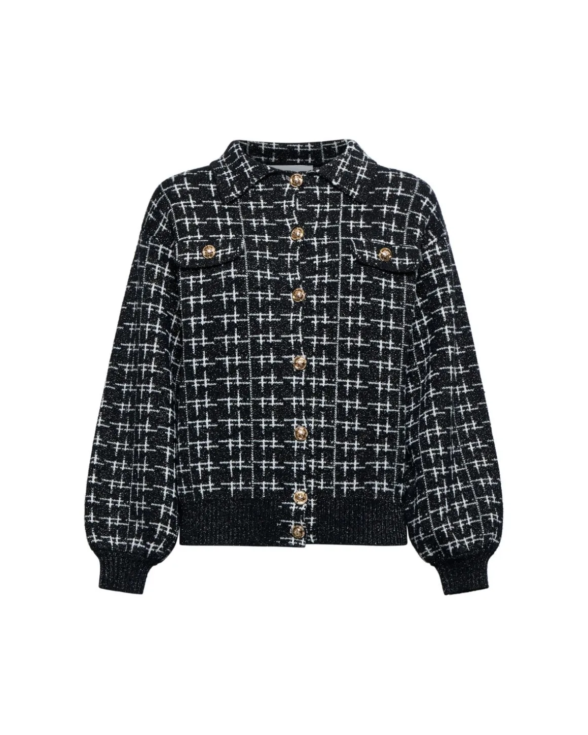 Cardigan with woven structure and voluminous sleeves