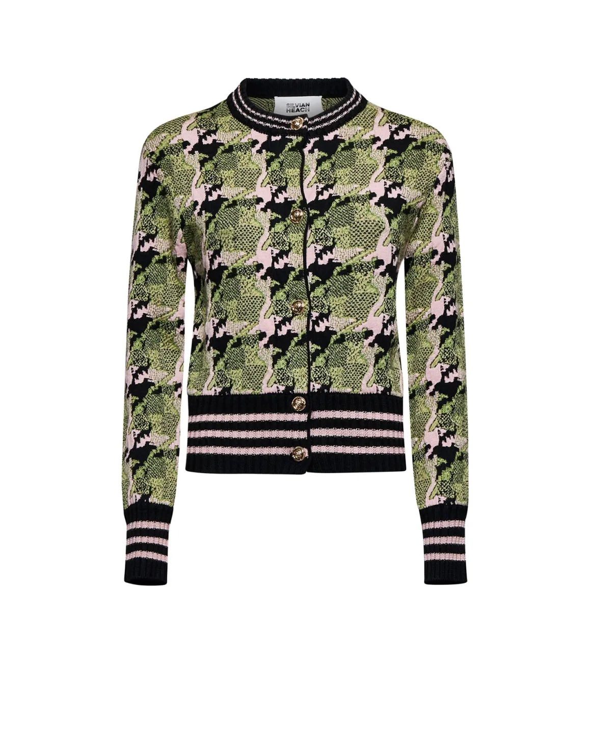 Crew neck cardigan with contrasting pattern