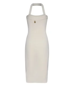 Dress with halter neckline and decorative front closure