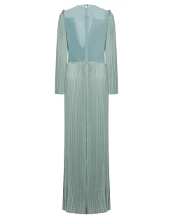 Long dress with pleats and crossover neckline