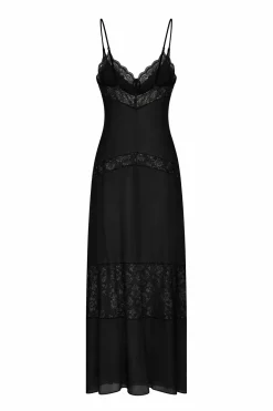 Long dress with thin straps and decorative inserts