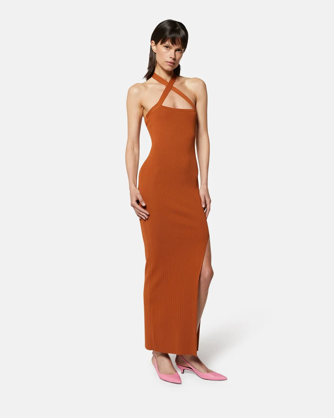 Long knitted dress with cross neckline