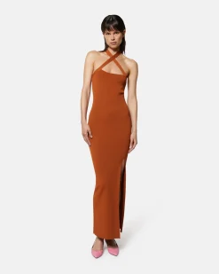 Long knitted dress with cross neckline