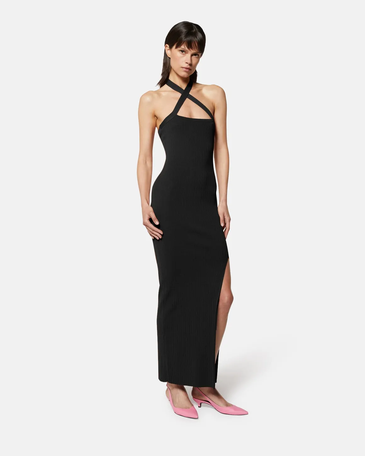 Long knitted dress with cross neckline