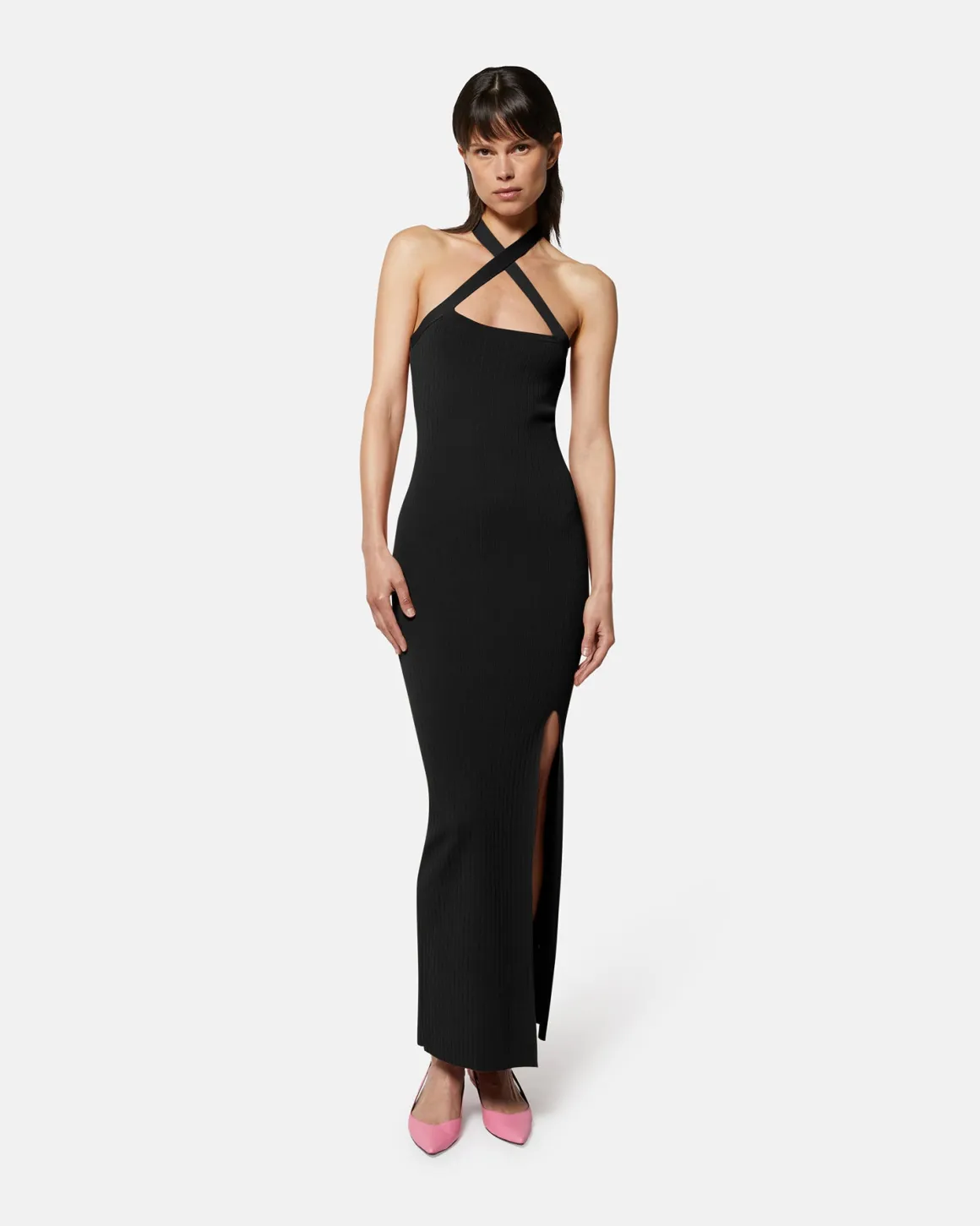 Long knitted dress with cross neckline