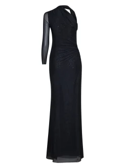 Long one-shoulder dress with sculptural drapes