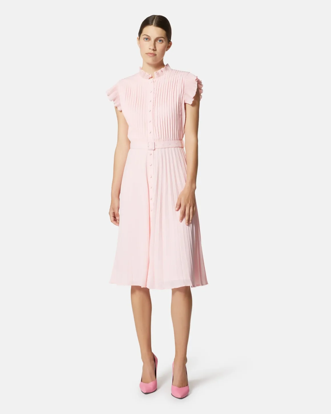 Pleated midi dress with belt