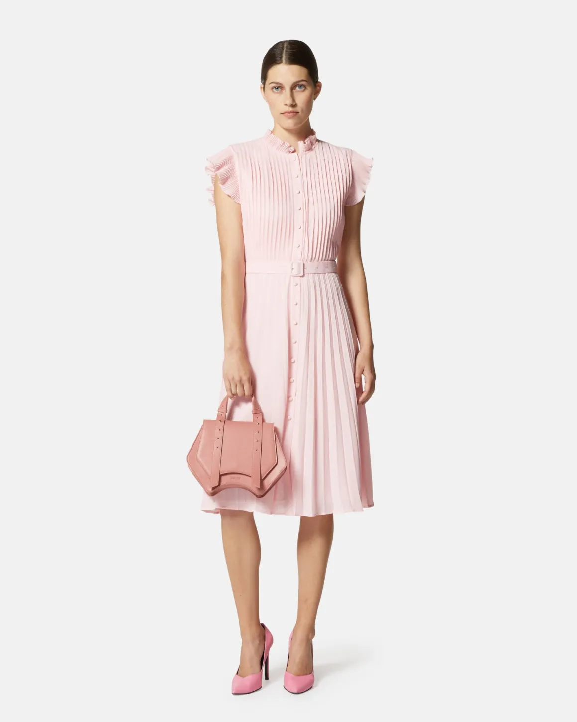Pleated midi dress with belt