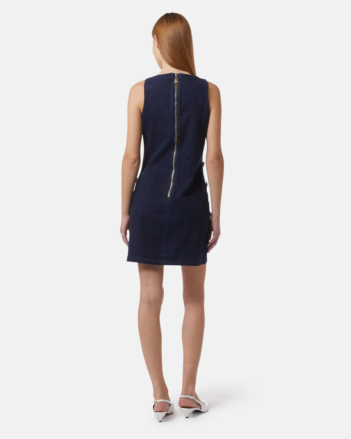 Short denim dress with jewel applications