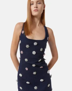 Short denim dress with jewel applications