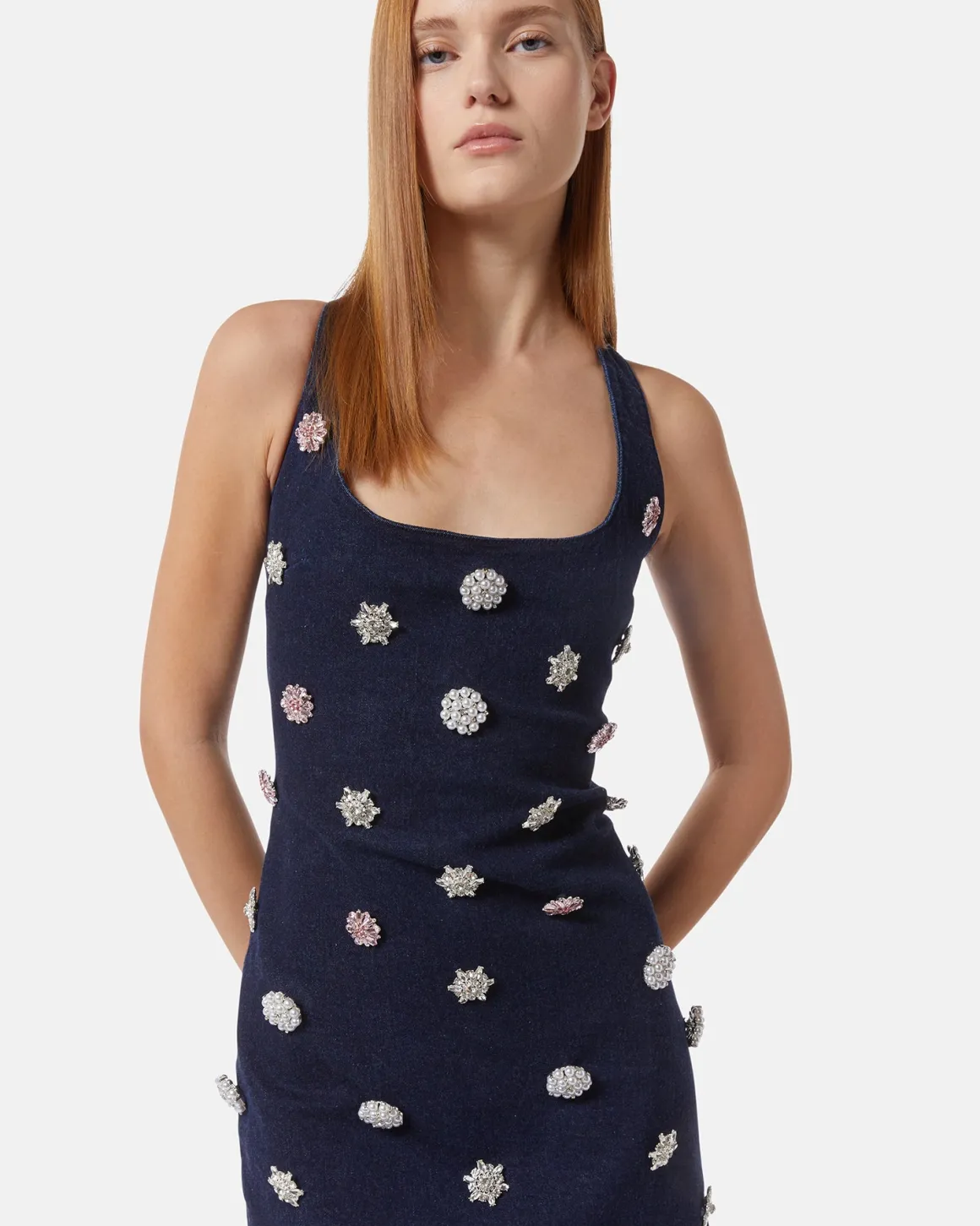 Short denim dress with jewel applications
