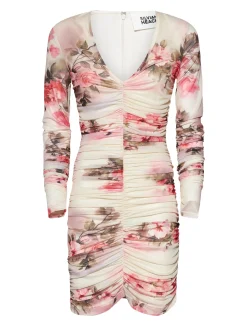 Short dress with artistic pattern and refined drapes