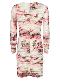 Short dress with artistic pattern and refined drapes
