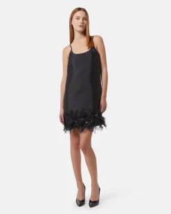 Short dress with floral applications in satin fabric