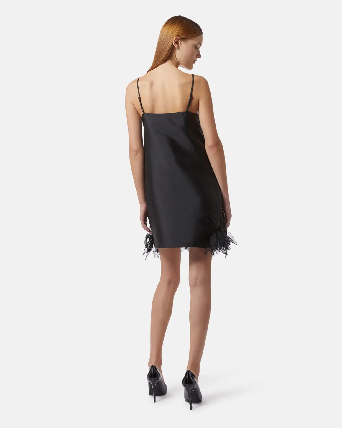 Short dress with floral applications in satin fabric