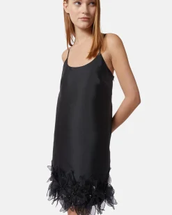 Short dress with floral applications in satin fabric