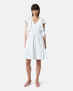 Short dress with V -neck and decorative ruffles