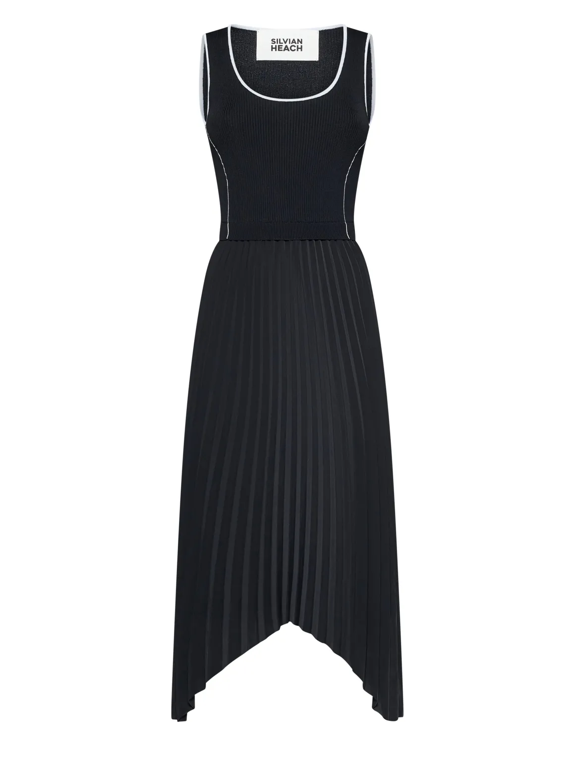 Sleeveless dress with pleated skirt and architectural lines