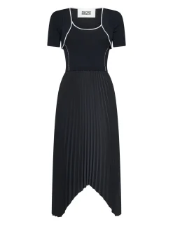 Sleeveless dress with pleated skirt and architectural lines