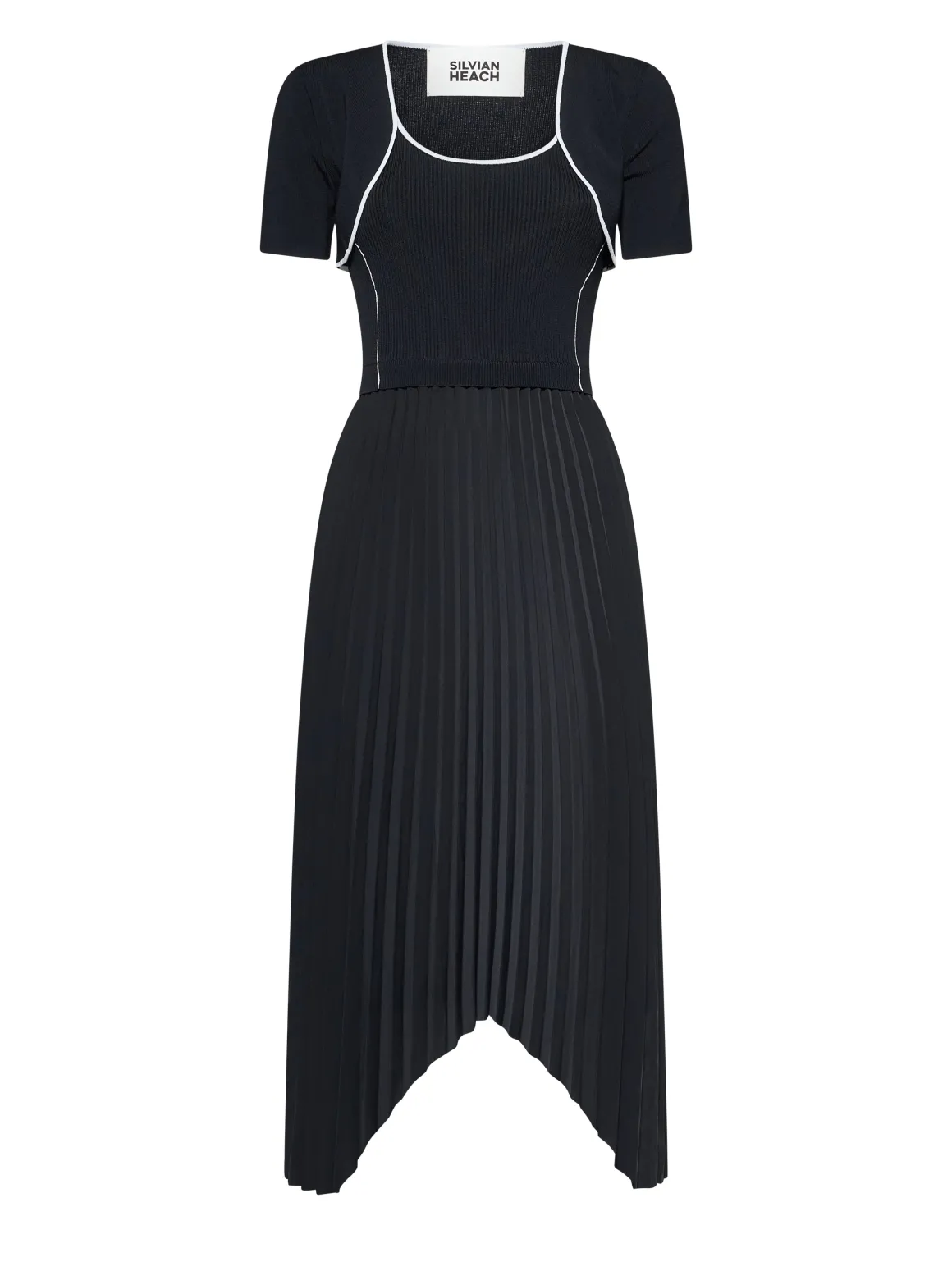 Sleeveless dress with pleated skirt and architectural lines