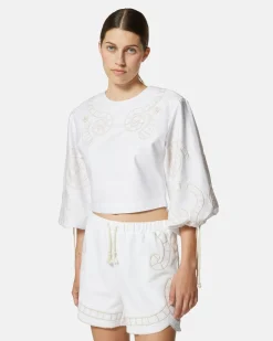 Top crop with sliced 窶銀菊mbroidery and sleeves