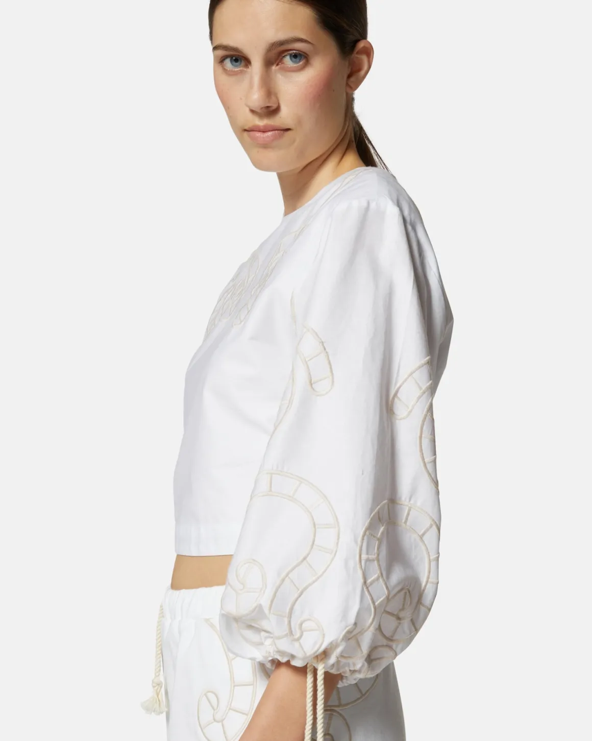 Top crop with sliced 窶銀菊mbroidery and sleeves