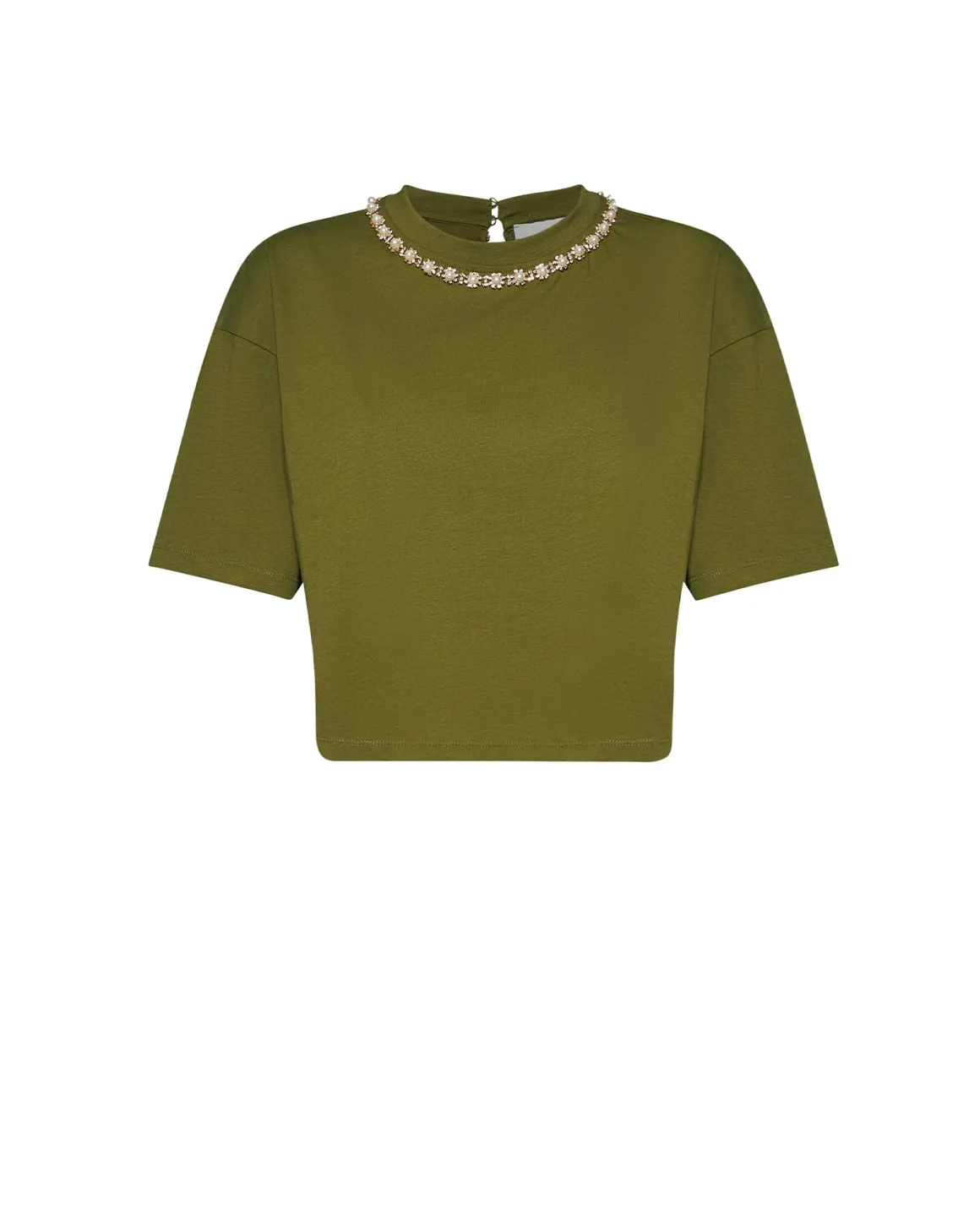 Top with neckline embellished with decorative applications